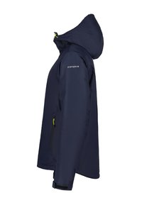Marineblauwe waterdichte jas met capuchon, met rits zakken en neon groene accenten; beschikt over een gladde textuur en een relaxed fit ontwerp.