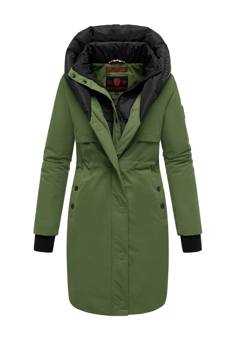 Green insulated coat with a black hood, long sleeves, snap buttons, waist tie, and two front pockets. Smooth fabric with a modern silhouette.