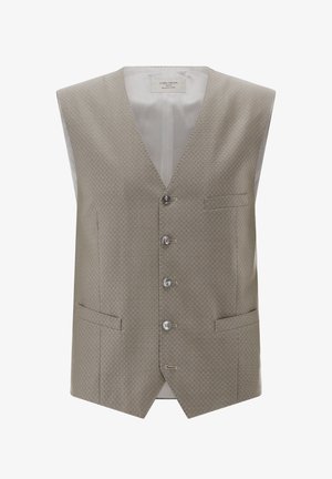 Beige Herrenformweste mit dezentem geometrischem Muster, vier Knöpfen, drei Vordertaschen und V-Ausschnitt-Kragen.