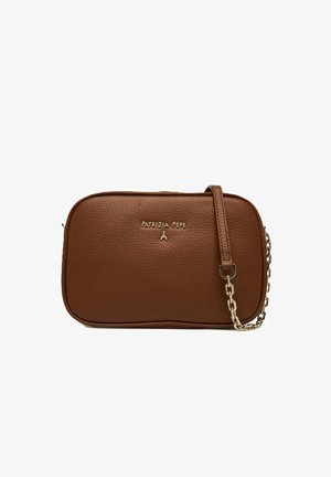 Brown textured leather crossbody bag with gold chain strap and Patrizia Pepe logo on the front.