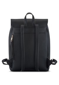 Black leather backpack with a structured design, two adjustable straps, a top handle, and a side zip pocket for additional storage.