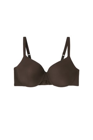 Brown padded bra with adjustable straps, underwire support, seamless cups, and a hook-and-eye closure at the back. Smooth texture.