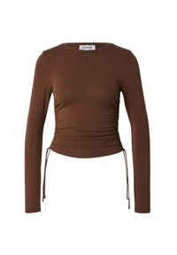 Bruine lange mouwen top gemaakt van zacht materiaal, met een gerimpeld ontwerp aan de zijkanten, en trekkoorden voor een verstelbare pasvorm.