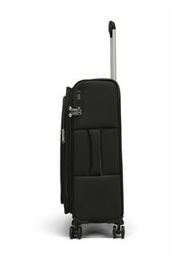 Maleta negra rígida con compartimentos con cremallera, cerradura combinada y cuatro ruedas para mayor movilidad. Diseño elegante con bolsillos laterales.