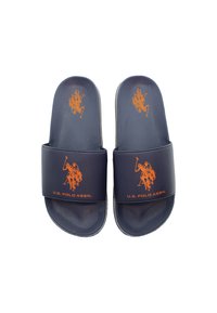 Námořnické modré šlapky s hladkým syntetickým páskem, na kterém je oranžové logo U.S. Polo Assn. a texturovaná stélka pro lepší přilnavost.