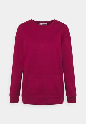 Sweat-shirt à manches longues, col rond, de couleur rose foncé, avec poche avant et poignets et ourlet côtelés.