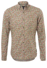 Langslippende knoopshirt in bruin met groene en bloemenpatronen. Heeft een kraag en een rechte zoom, gemaakt van lichtgewicht stof.