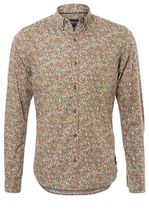 Chemise à manches longues à boutons de couleur marron avec des motifs verts et floraux. Présente un col et un ourlet droit, fabriquée en tissu léger.