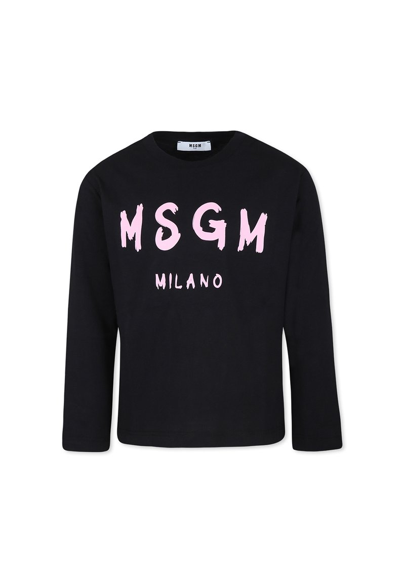 T-shirt a maniche lunghe nera con grande testo in rosa a pennellate che legge "MSGM MILANO", realizzata in morbido cotone, scollatura a girocollo.