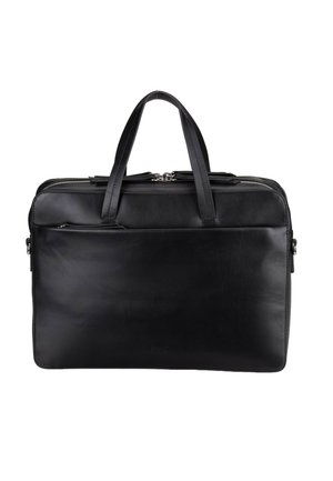 Black leather briefcase with dual top handles, front zip pocket, and silver zipper closure, designed for professional or business use.