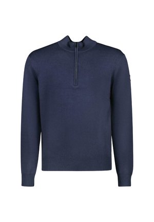 Navyblauwe gebreide pullover met een halve rits, geribde manchetten en een geribde zoom, met een gladde textuur en een getailleerd ontwerp.