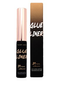 Tubo nero con un tappo in oro rosa, etichettato "Glue Liner" in grassetto testo bianco. Accompagnato da una scatola coordinata con accenti dorati e dichiarazione di impermeabilità.
