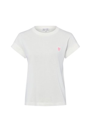 Biały T-shirt z krótkim rękawem, z małym różowym sercem na lewej piersi i okrągłym dekoltem.