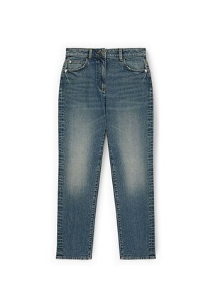 Lichtblauwe spijkerbroek met rechte pijpen, voorzien van voorzakken en een subtiele vervaagde textuur. Klassiek ontwerp met vijf zakken.