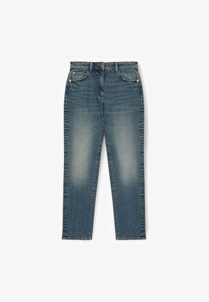 Jasnoniebieskie jeansy dżinsowe o prostym kroju nogawki, z przednimi kieszeniami i subtelną, wyblakłą fakturą. Klasyczny design z pięcioma kieszeniami.