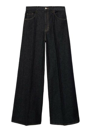 Pantalon large en denim foncé avec taille haute, doté de poches avant, d'une fermeture à bouton et d'un design épuré sans embellissements.