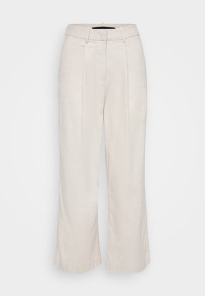 Beige linen trousers with a high waist, pleated front, and wide legs. Features a clean-cut design and textured fabric for breathability.