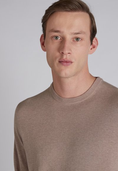 Lichtbruine pullover met een ronde hals en een gladde textuur, met een aansluitend ontwerp en geribbelde accenten bij de kraag.