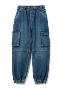 Denim cargobroek in medium blauw met een elastische tailleband, taps toelopende boorden en twee grote zijzakken op elk been.