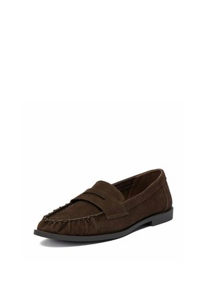 Dark brown suede loafer with stitched moc toe and flat black sole, viewed at a slight angle on a white background.