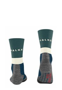 Calzini verdi e grigi con accenti grigio chiaro, dotati di bordi rigati, suole imbottite e il logo "FALKE" in evidenza sulla parte superiore.