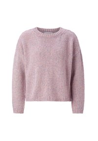 Roze gebreide trui met een ronde halslijn, verlaagde schouders en een ribbelzoom. Gevoegd patroon met multicolor vezels doorheen.