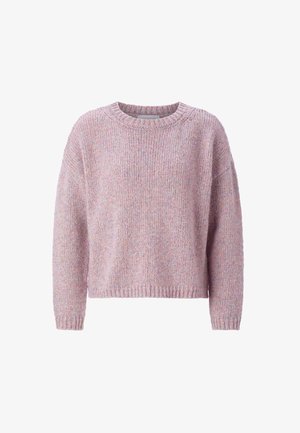 Pink knitted sweater with a round neckline, dropped shoulders, and ribbed hem. Textured pattern with multicolored fibers throughout.