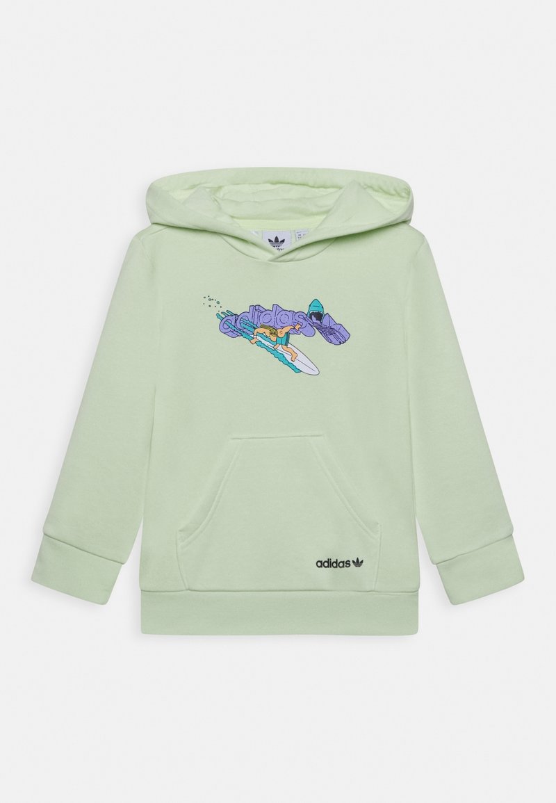 Light green hoodie with a front pocket, featuring a colorful graphic design and "adidas" logo in black on the lower left.