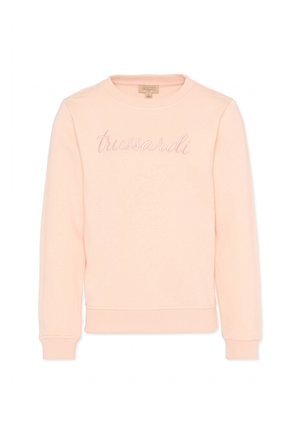 Felpa rosa chiaro girocollo con maniche lunghe e polsini a costine, con "trussardi" ricamato con filo coordinato sul petto.