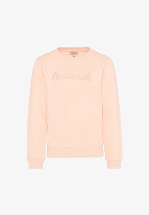 Lichtroze crewneck-trui met lange mouwen en geribde boorden, met "trussardi" geborduurd in bijpassende draad over de borst.