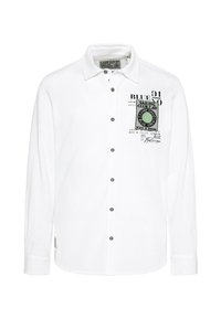 Camicia bianca a maniche lunghe con chiusura a bottoni. Presenta una stampa del logo e testo sul lato sinistro del petto, bottoni neri e un tessuto morbido e strutturato.