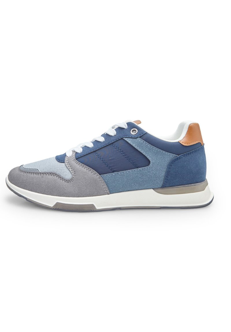 Men's sneakers featuring a mix of blue suede and gray textile materials, white laces, and a textured accent on the sides.