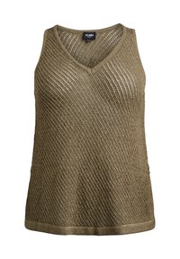 Olivgrön stickad tanktop med V-ringning, med ett löst, öppet vävmönster och en solid fåll. Lätt och avslappnad design.