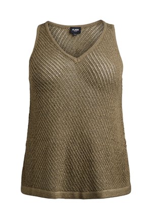 Olivově zelený pletený top bez rukávů s výstřihem do V, s volným, otevřeným vzorem a pevným lemem. Lehce, neformální design.