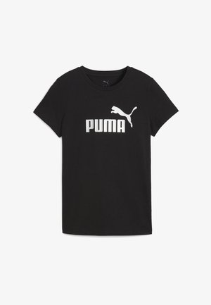 Černé bavlněné tričko s krátkým rukávem, které má ve středu velké bílé logo "PUMA" a grafiku skákajícího pumy. Klasický střih a kulatý výstřih.