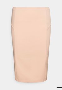 Beige kynnyhame, joka on valmistettu sileästä kankaasta, slim fit -mallinen, polven pituinen, jossa on minimisaumat ja ilman näkyviä kiinnityksiä. Yksinkertainen, tasaisesti värjätty muotoilu.