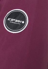 Patch de logo rond noir et blanc "ICEPEAK Established in 1996" sur un fond en tissu bordeaux.