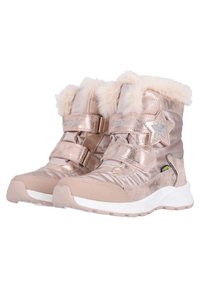 Bottes d'hiver en or rose avec bord en fausse fourrure, sangles velcro et accent étoile. Tissu texturé avec semelle en caoutchouc pour une bonne adhérence et isolation.