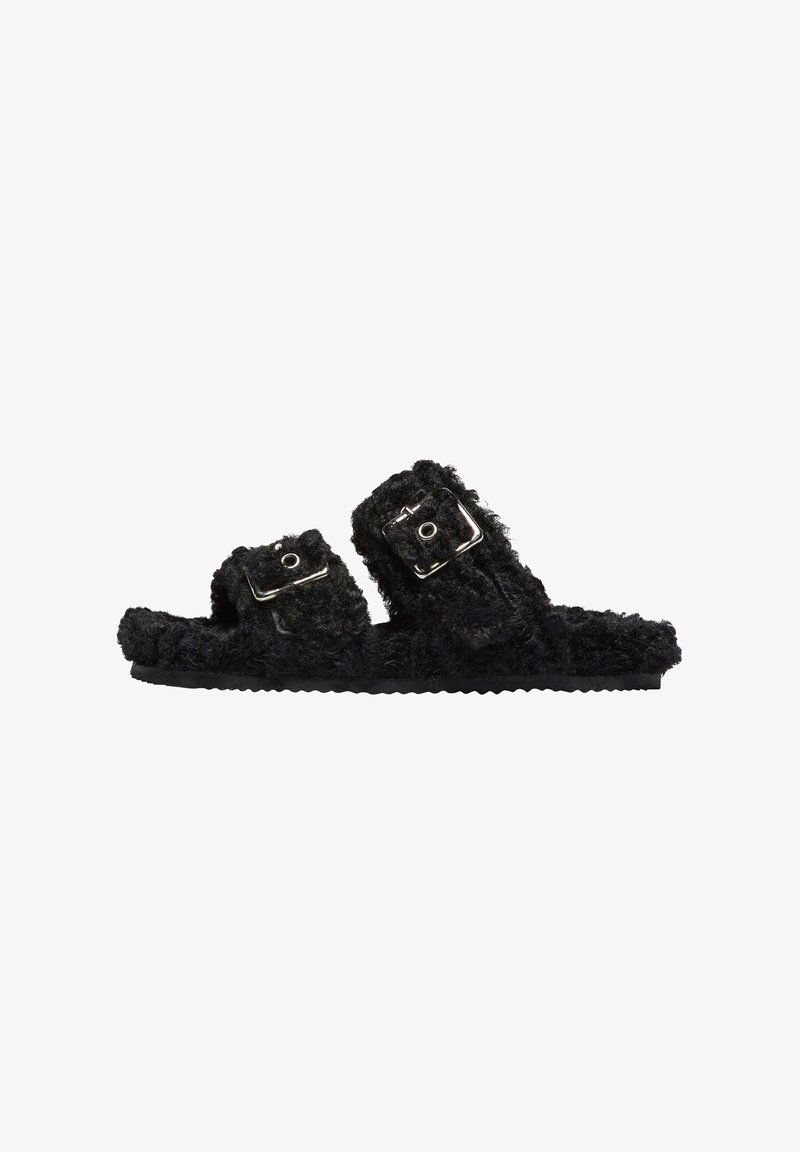 Sandales à glissière noires en fourrure avec deux boucles ajustables, surface texturée, design ouvert à l'avant et semelle en caoutchouc durable.