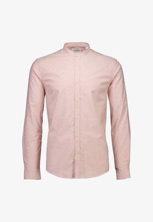 Jasnoróżowa koszula z długim rękawem, z kołnierzykiem typu band i zapinana na guziki z przodu. Wykonana z gładkiej, teksturowanej tkaniny z dopasowanymi guzikami.
