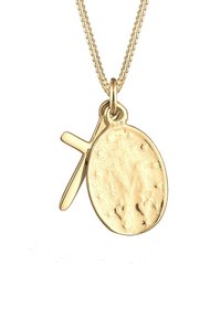 Guldhalsband med hänge i oval form, texturerad yta och en liten korsdekoration. Kedjan är tunn och guldfärgad.