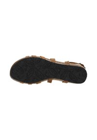 Brown leather sandal outsole with patterned black rubber, featuring textured grip and three adjustable straps.