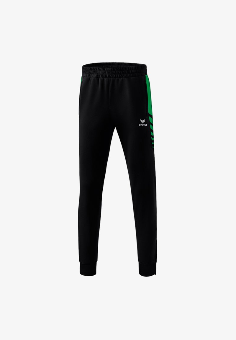 Schwarze Sporthose mit grünen Seitenstreifen, elastischem Bund und Erima-Logo am rechten Oberschenkel.