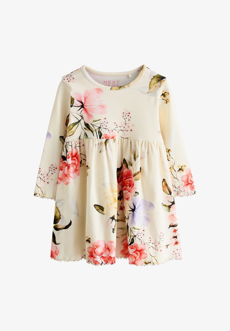 Robe à manches longues en tissu crème avec un motif floral, comprenant des fleurs roses, jaunes et violettes. Taille froncée avec ourlet festonné.