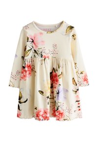 Langärmliges Kleid aus cremefarbenem Stoff mit floralem Muster, das rosa, gelbe und violette Blumen zeigt. Taillierter Schnitt mit Wellensaum.