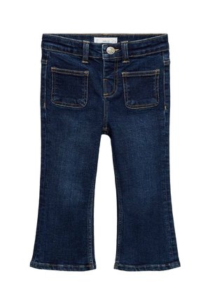 Vaqueros de mezclilla azul oscuro con diseño de pierna acampanada, que cuentan con una cintura estándar, cierre frontal de botones y dos bolsillos traseros.