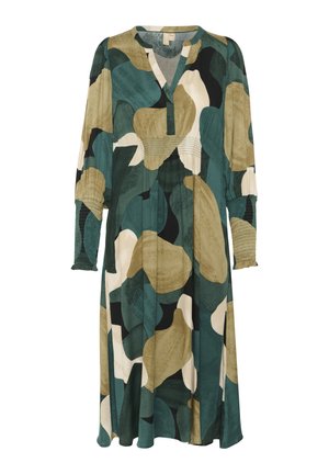 Dolga obleka z večbarvnim abstraktnim vzorcem v zelenih, bež in črnih odtenkih. Obleka ima V-izrez, rokave do tri četrtine in nabranosti.