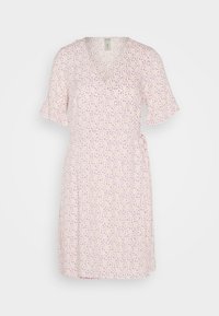 Floral wrap dress in light pink with purple dot pattern, short ruffled sleeves, V-neck, and waist tie for adjustable fit.