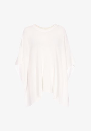 Maglione bianco oversize in maglia con vestibilità ampia, maniche larghe e scollatura rotonda. La texture è morbida con un sottile motivo a coste.