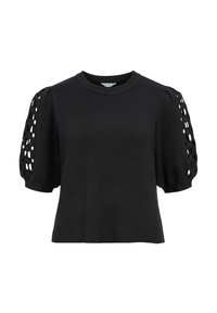 Haut noir à manches courtes avec des manches bouffantes, présentant des motifs découpés géométriques et un col rond.